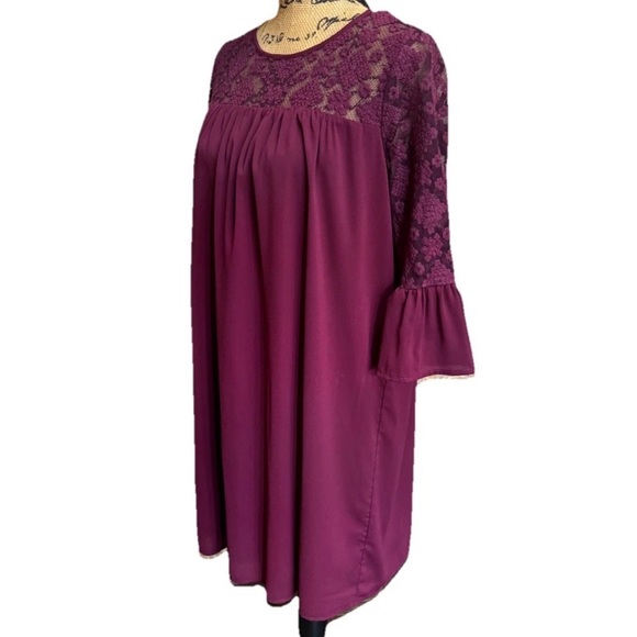 Pleione Burgundy Maroon Shift Dress Med Lace Bodice 3/4 Bell Sleeve Lined - Picture 2 of 9